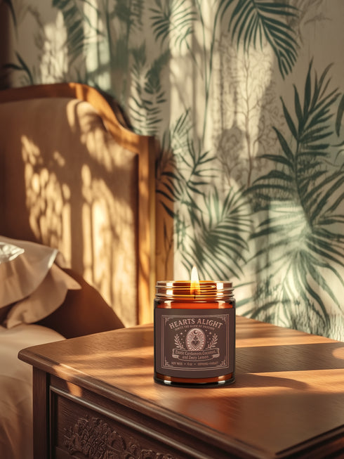 A circular, dark amber glass jar candle with a solid gold-colored metallic lid. The glass jar has a large, rectangular black label with a light-colored decorative border and ornate scrollwork. The label features the title "Hearts Alight" at the top in elegant script and lists the scent notes "Exotic Cardamom, Coconut, and Zesty Lemon" below it. A single white cotton wick with a lit flame is visible, centered within the wax. The wax itself is a rich, warm, orange-amber color, consistent with the jar's hue.